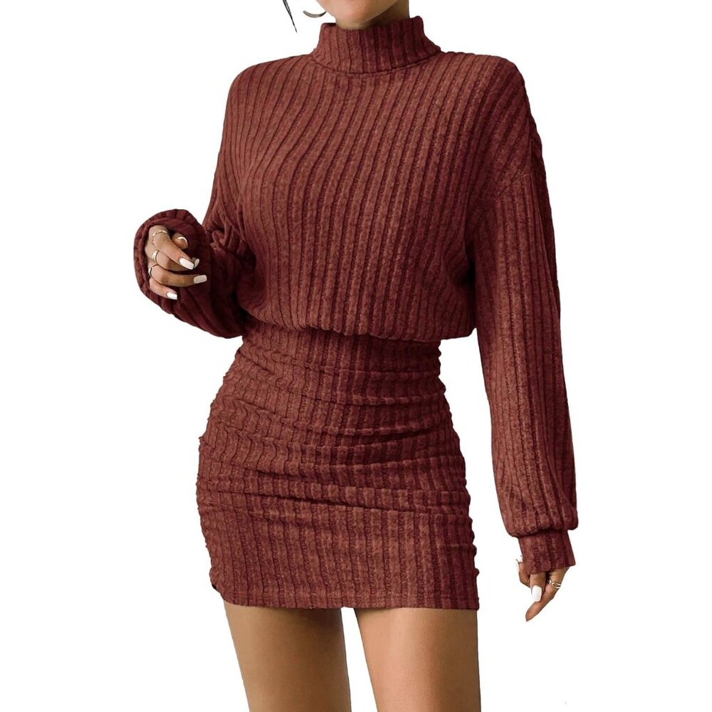 Women Pullover Red Sweater Dress Lantern Sleeve Turtleneck Ribbed Mini